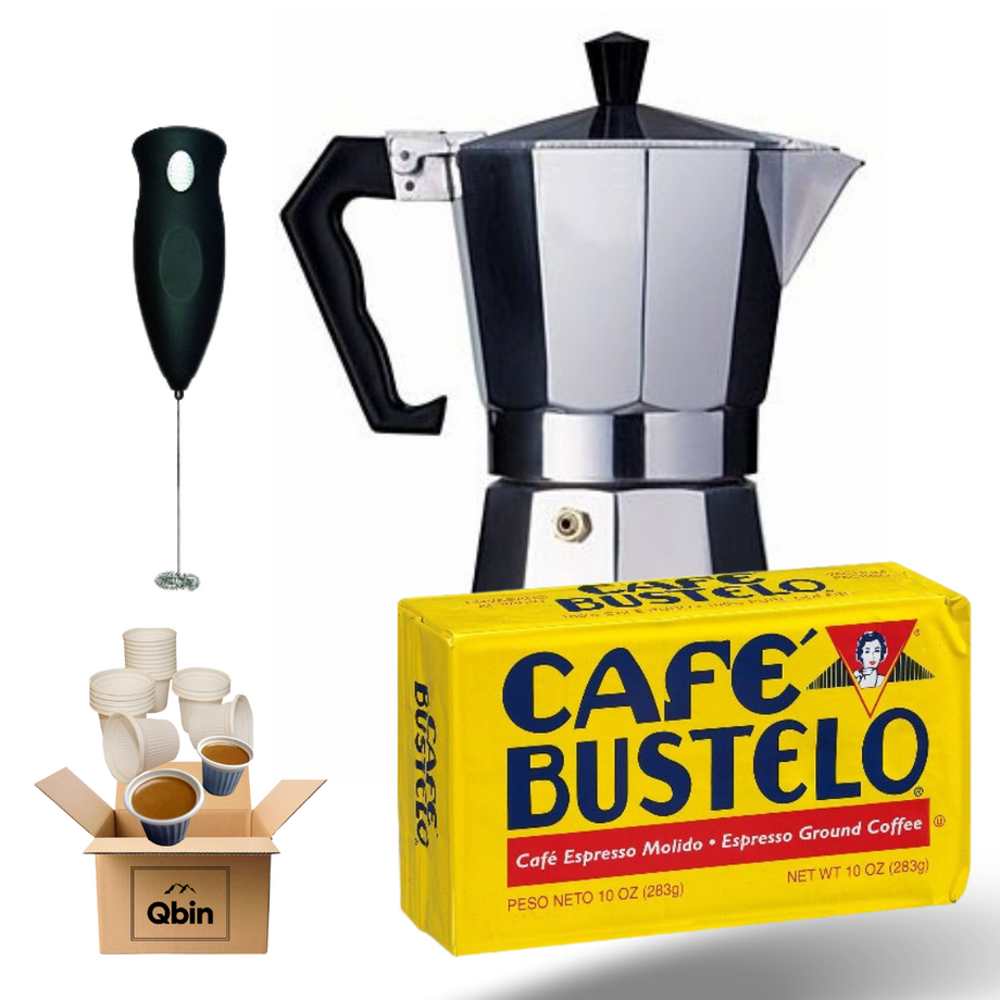 Cuban Coffee Starter Kit | 6-Cup Cafetera + Bustelo + Frother   CubanFoodMarket