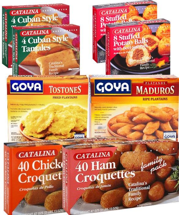 Ham,  Chicken Croquettes, Cuban Tamales,Filled Potatoes, Tostones and Maduros