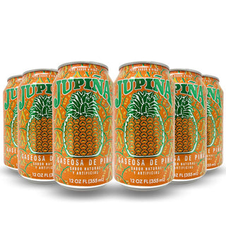 Jupiña Cuban pineapple soda, 6-pack of 12oz cans in yellow Jupiña branding