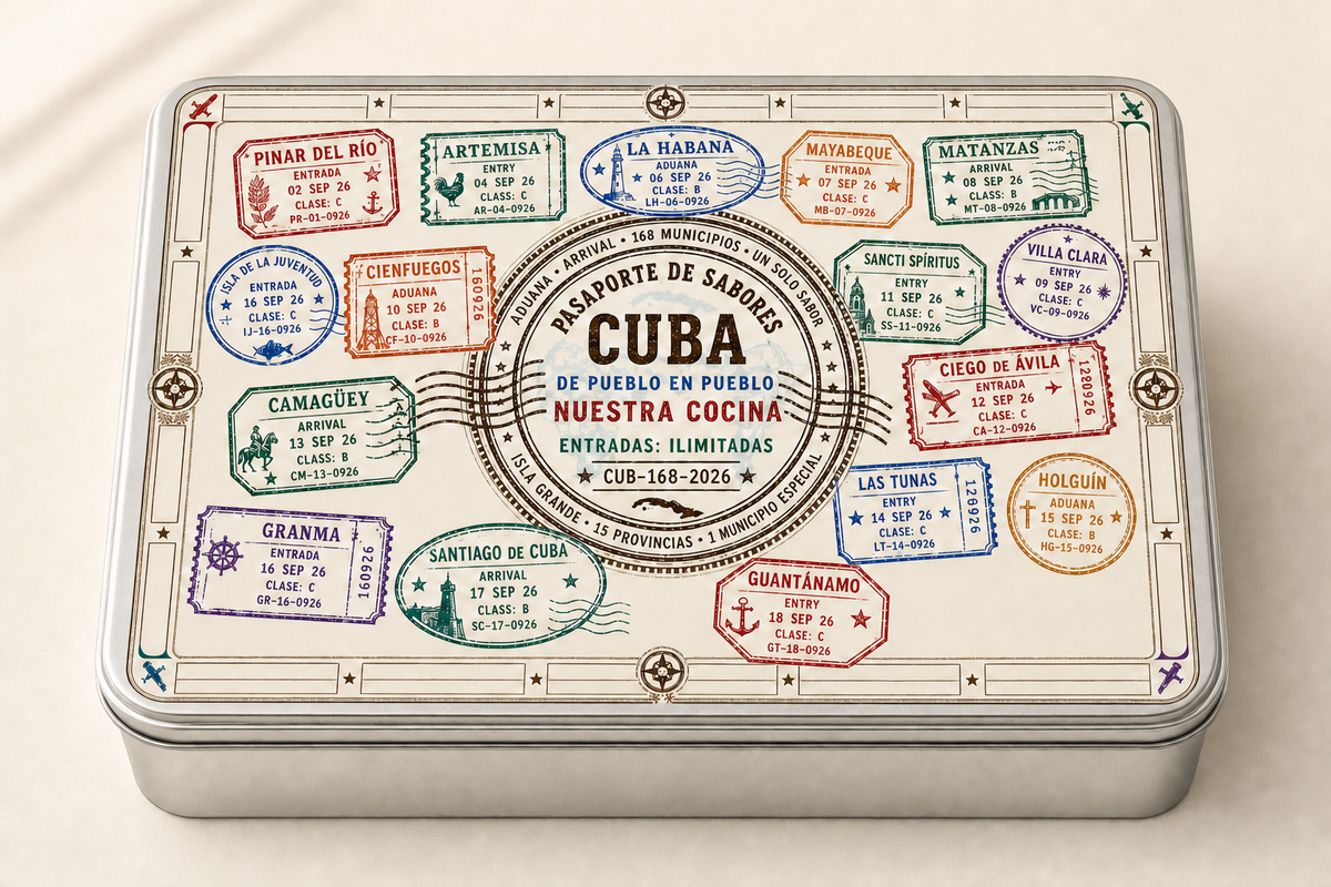 Cuban Passport tin design preview with vintage Cuban province stamps; final printed appearance may vary
